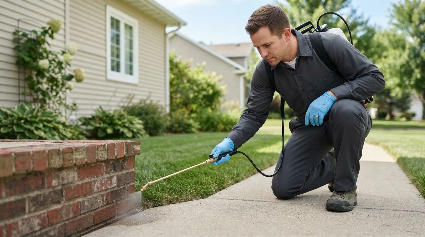 Pest control technician treating a home near Crimora, VA
