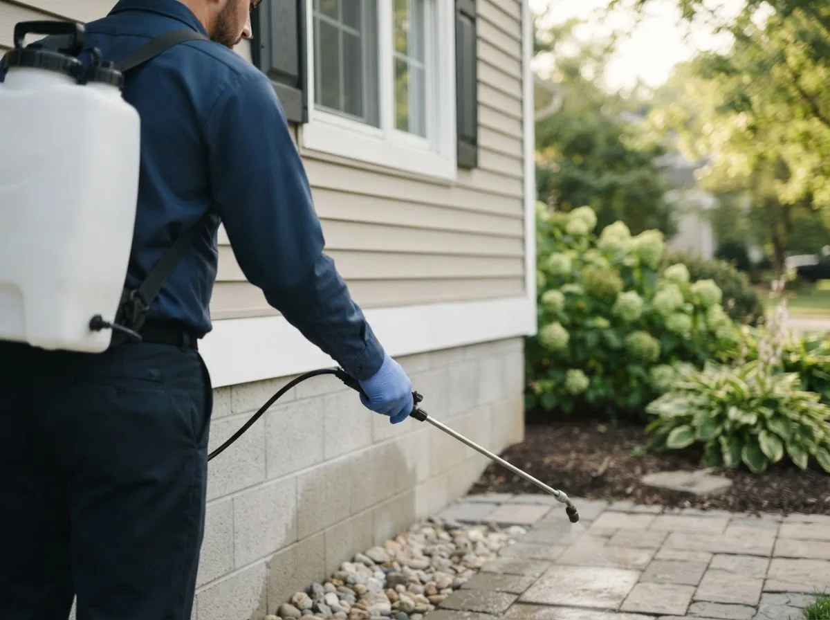 Pest control technician inspecting a home in Crimora, VA